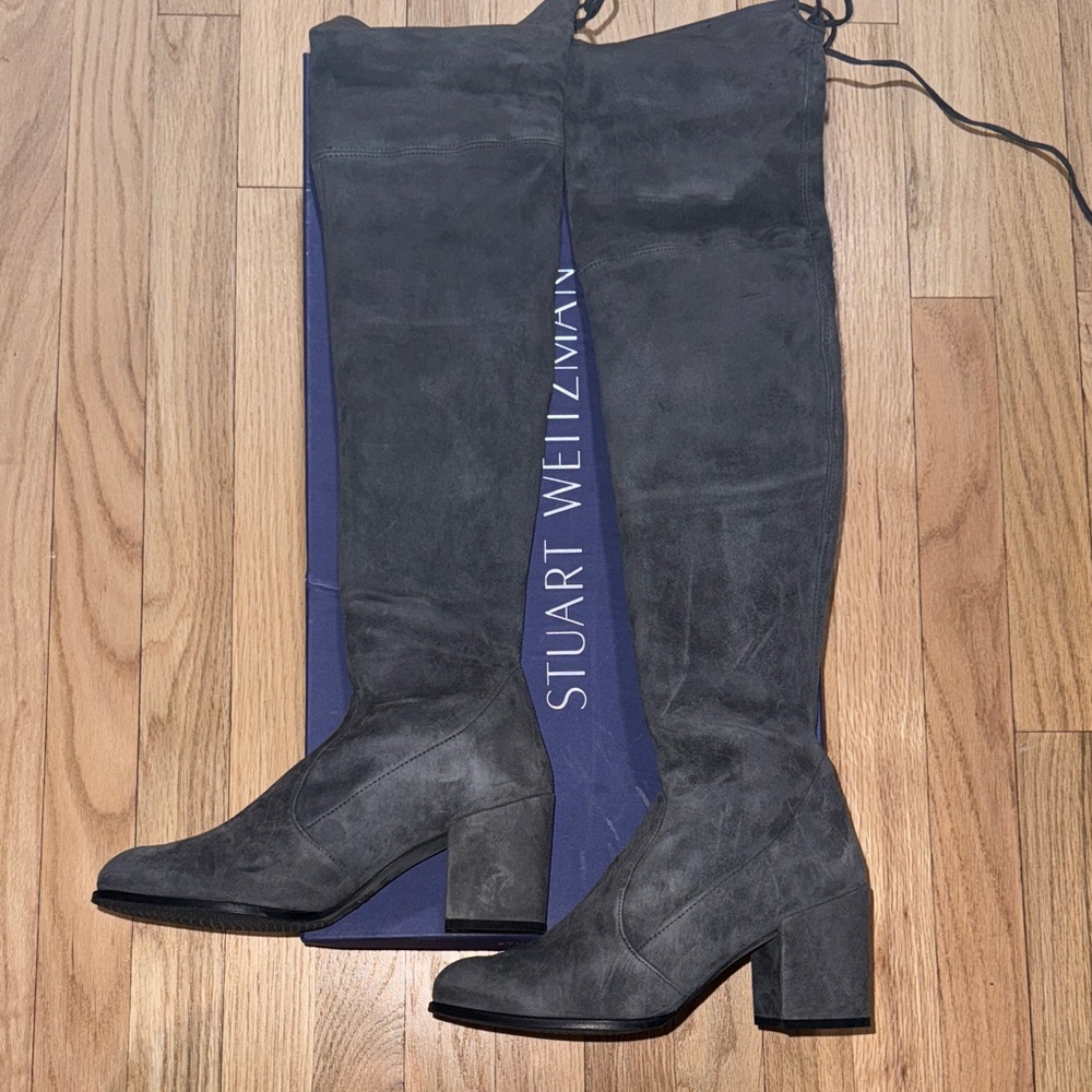 Stuart Weitzman Charcoal Suede Over-the-Knee Block Heel Boots